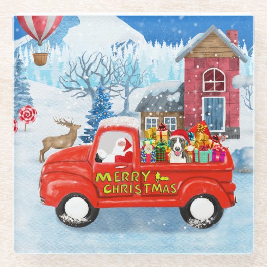 クリスマスデリバリートラック雪のブルテリア犬 ガラスコースター (正面)