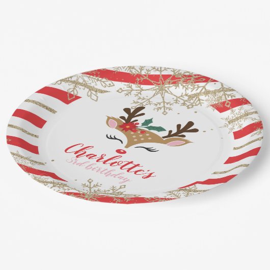 クリスマストインデア誕生日金ゴールドスノーフレークストライプー ペーパープレート (アングル)