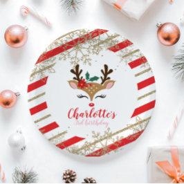 クリスマストインデア誕生日金ゴールドスノーフレークストライプー ペーパープレート