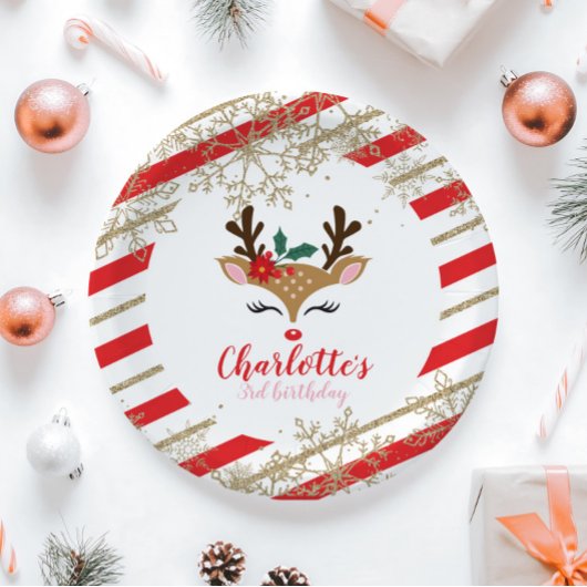 クリスマストインデア誕生日金ゴールドスノーフレークストライプー ペーパープレート