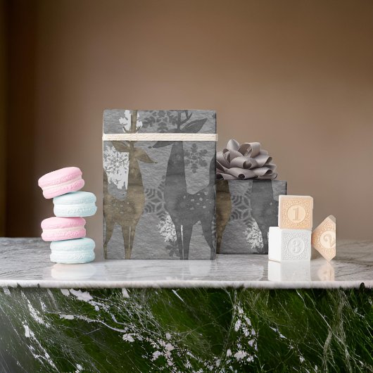 クリスマストナカイと雪片スチールグレー ラッピングペーパー