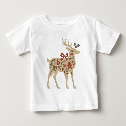 クリスマストナカイのフラワーアート ベビーTシャツ (正面)