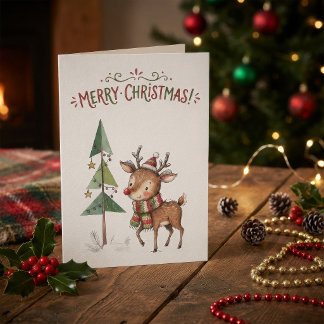 クリスマストナカイの水彩画 かわいいビンテージ+ウッドランド カード