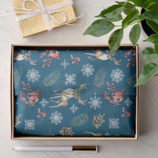 クリスマストナカイの牡鹿と鳥の森の模様 薄葉紙 (ギフト)