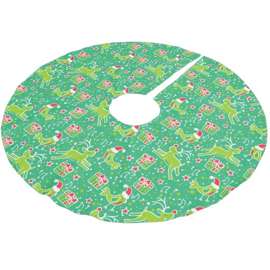 クリスマストナカイの贈り物と鳥の緑の赤いスカート ブラッシュドポリエステルツリースカート (アングル)
