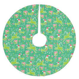 クリスマストナカイの贈り物と鳥の緑の赤いスカート ブラッシュドポリエステルツリースカート