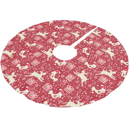 クリスマストナカイの贈り物と鳥の赤いクリームスカート ブラッシュドポリエステルツリースカート (アングル)