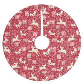 クリスマストナカイの贈り物と鳥の赤いクリームスカート ブラッシュドポリエステルツリースカート (正面)