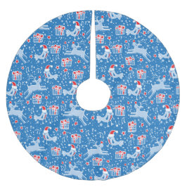 クリスマストナカイの贈り物と鳥の青い赤いスカート ブラッシュドポリエステルツリースカート