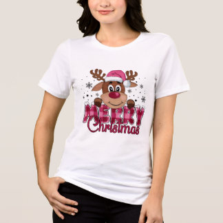 クリスマストナカイの顔とチェック柄のタイポグラフィ トライブレンドTシャツ