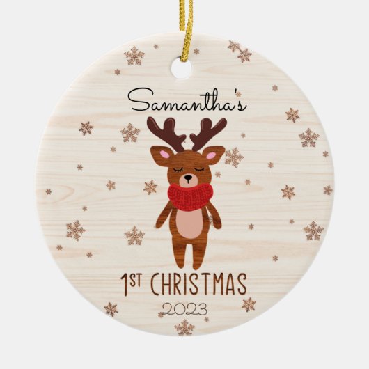 クリスマストナカイベビーの初めてのクリスマス セラミックオーナメント (正面)