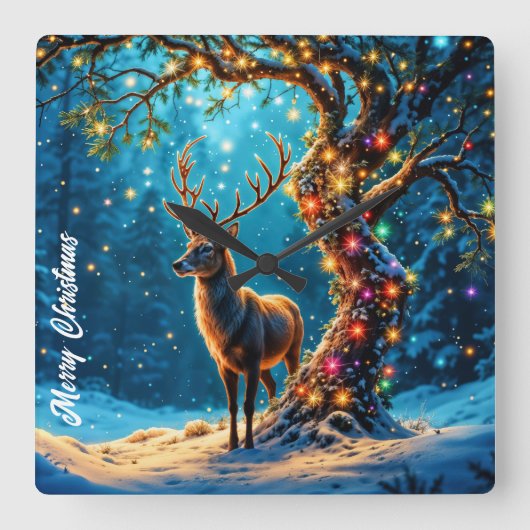 クリスマストナカイ北極ファンタジーアート スクエア壁時計 (正面)