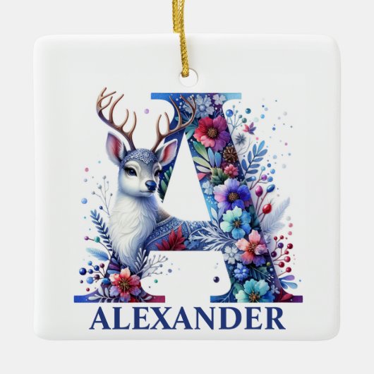 クリスマストナカイ文字Aモノグラム名前をカスタムする セラミックオーナメント (正面)
