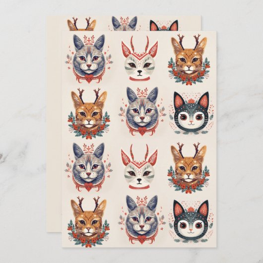 クリスマストナカイ猫のイラストレーションパターン 招待状 (正面/裏面)