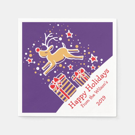 クリスマストナカイ紫色の赤い黄色の紙ナプキン スタンダードカクテルナプキン (正面)