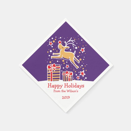 クリスマストナカイ紫色の赤い黄色の紙ナプキン スタンダードカクテルナプキン (角)