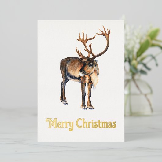 クリスマストナカイ絵を描アの手カリブーの水色 箔シーズンカード (立ち正面)