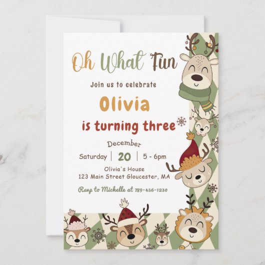 クリスマストナカイ誕生日パーティーああ何おもしろい 招待状 (正面)