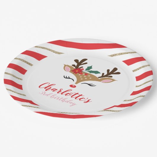 クリスマストナカイ誕生日レッド金ゴールド ペーパープレート (アングル)