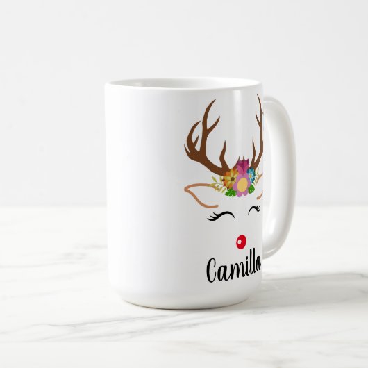 クリスマストナカイ赤い鼻フローラガーランド〔雄ジカの〕枝角 コーヒーマグカップ (正面右)