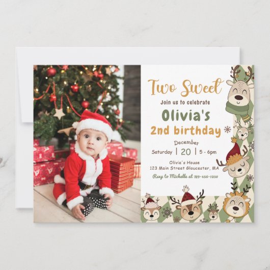 クリスマストナカイ2つの甘い誕生日の写真 招待状 (正面)