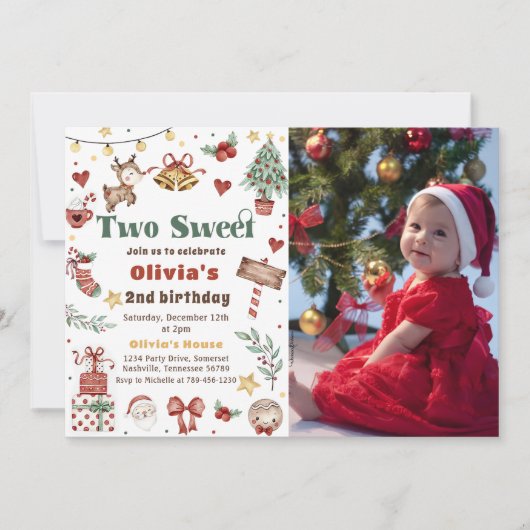 クリスマストナカイ2つの甘い誕生日の写真 招待状 (正面)
