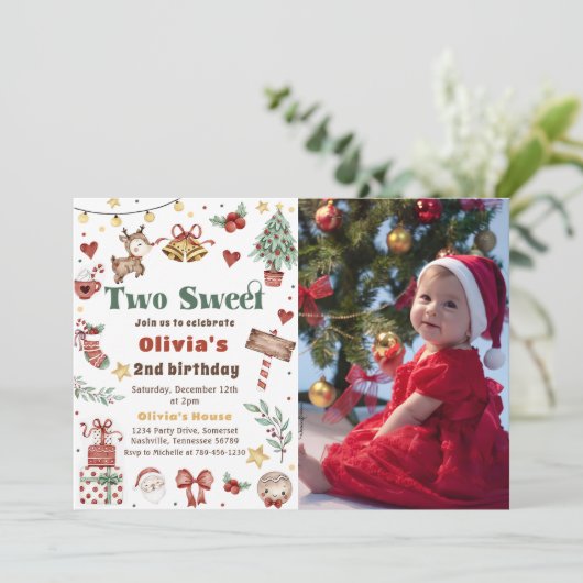 クリスマストナカイ2つの甘い誕生日の写真 招待状 (スタンド正面)