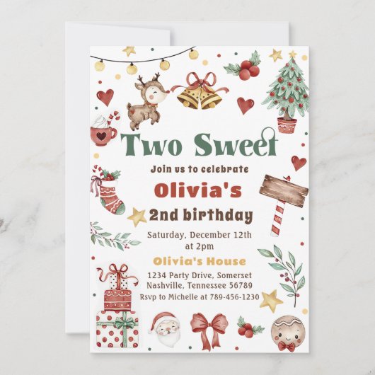 クリスマストナカイ2つの甘い2番目の誕生日パーティー 招待状 (正面)