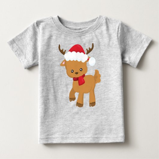 クリスマストナカイ，かわいいトナカイ，サンタハット ベビーTシャツ (正面)