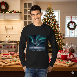 クリスマストナカイ オーロラ 夜空 Tシャツ