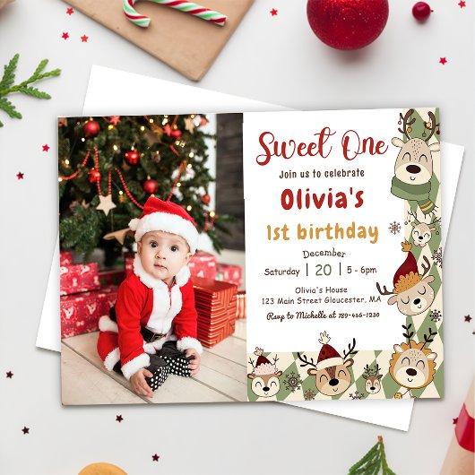 クリスマストナカイSweet One 1st Birthday Photo 招待状