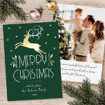 クリスマストナカスタムリアの写真フォレストグリーン金ゴールド 箔シーズンカード<br><div class="desc">金ゴールドエレガントフォイルアールデコスタイルと背中にパーソナライズされた自分の写真とクリスマスカード。この編集可能なテンプレートは、フェスティバル離れの、果実と星を持つトナカイを特徴とする。青スタイリッシュ色の森の緑、白とホイルの要実在素の色のパレットの金ゴールド、銀またはバラ金ゴールド。文字パーソナライズされたは、名前、日付、および個人的な挨拶を持つことができる。</div>
