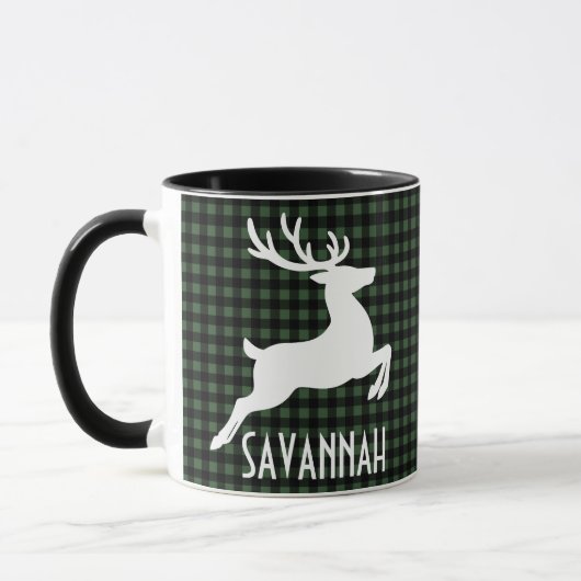 クリスマストナディアグリーン&ブラックプレイド名前をカスタムする マグカップ (左)