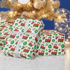クリスマストラクターホリーベリーオーナメントパターン ラッピングペーパー