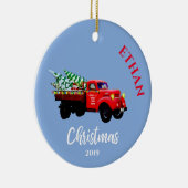 クリスマストラックかわいいクリスマスツリーのパーソナルブルー セラミックオーナメント (右)