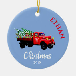クリスマストラックかわいいクリスマスツリーのパーソナルブルー セラミックオーナメント