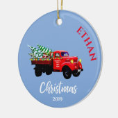クリスマストラックかわいいクリスマスツリーのパーソナルブルー セラミックオーナメント (左)