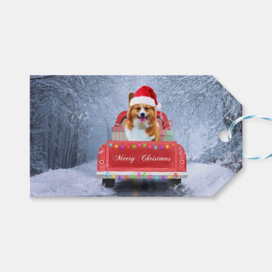 クリスマストラックに座って雪の中のコルギドッグ ギフトタグ (正面(横))