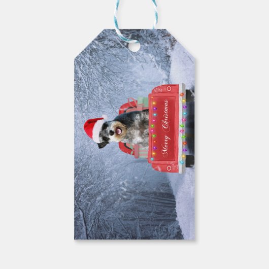 クリスマストラックに座って雪の中のシュナウザー犬 ギフトタグ (裏面)