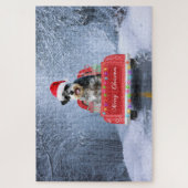 クリスマストラックに座って雪の中のシュナウザー犬 ジグソーパズル (縦)