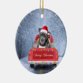 クリスマストラックに座る雪の中のブルドッグ  セラミックオーナメント (右)
