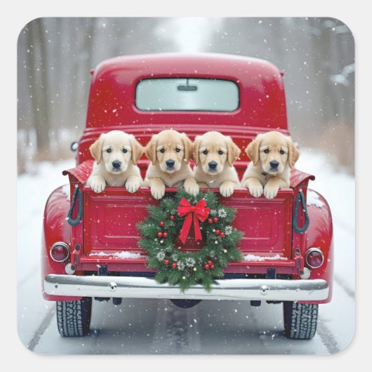 クリスマストラックのゴールデンレトリバー子犬 スクエアシール (正面)