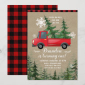 クリスマストラックのルースチックなチェック柄の誕生日招待状 招待状 (正面/裏面)