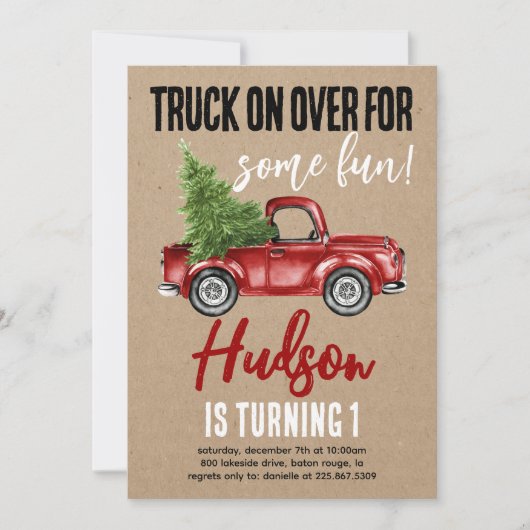 クリスマストラックウィンターファースト誕生日クラフト招待状 招待状 (正面)