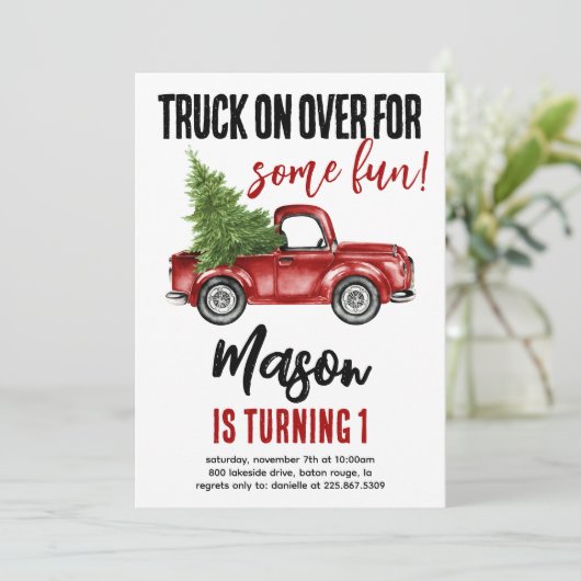 クリスマストラックウィンターファースト誕生日招待状 招待状 (スタンド正面)