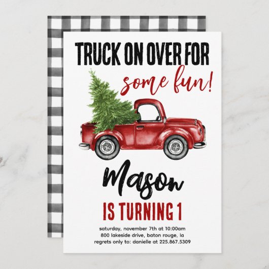 クリスマストラックウィンターファースト誕生日招待状 招待状 (正面/裏面)