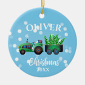 クリスマストラック写真かわいい青い子供 セラミックオーナメント (正面)