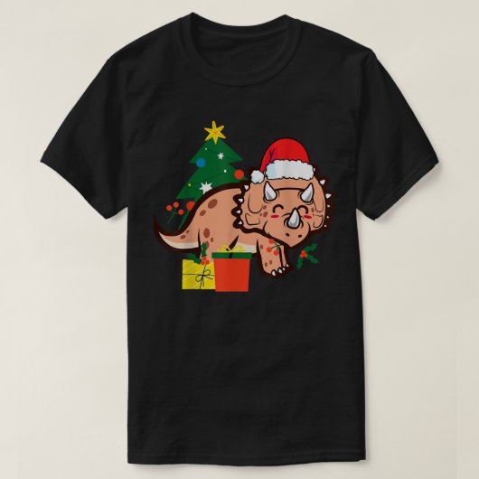 クリスマストリケラトプス恐竜かわいいホリデーサンタ Tシャツ (デザイン正面)