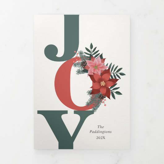 クリスマストリフォールドフォトレッドグリーンジョイフローラ 三つ折りクリスマスカード (カバー)