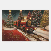 クリスマストレインウォーターカラーギフト ラッピングペーパーシート (正面3)